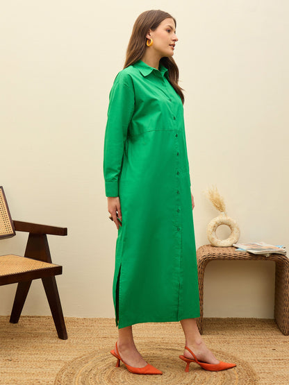Women Green Poplin Longline Shirt Dress