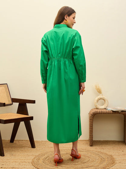 Women Green Poplin Longline Shirt Dress