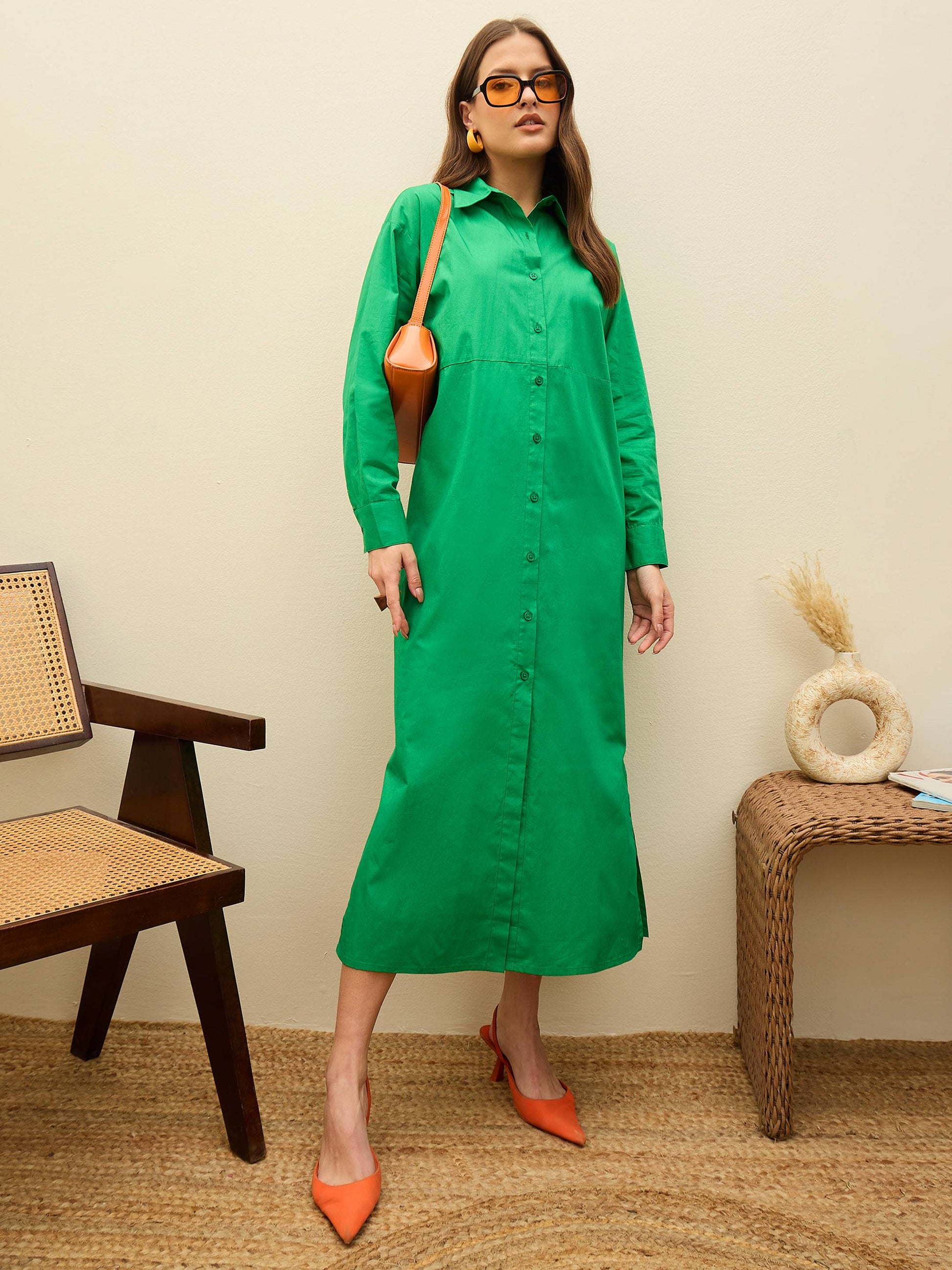 Women's Women Green Poplin Longline Shirt Dress in Cotton by Sassafras for wholesale, bulk, supplier, manufacturer and wholesaler buyers from Trendphoria