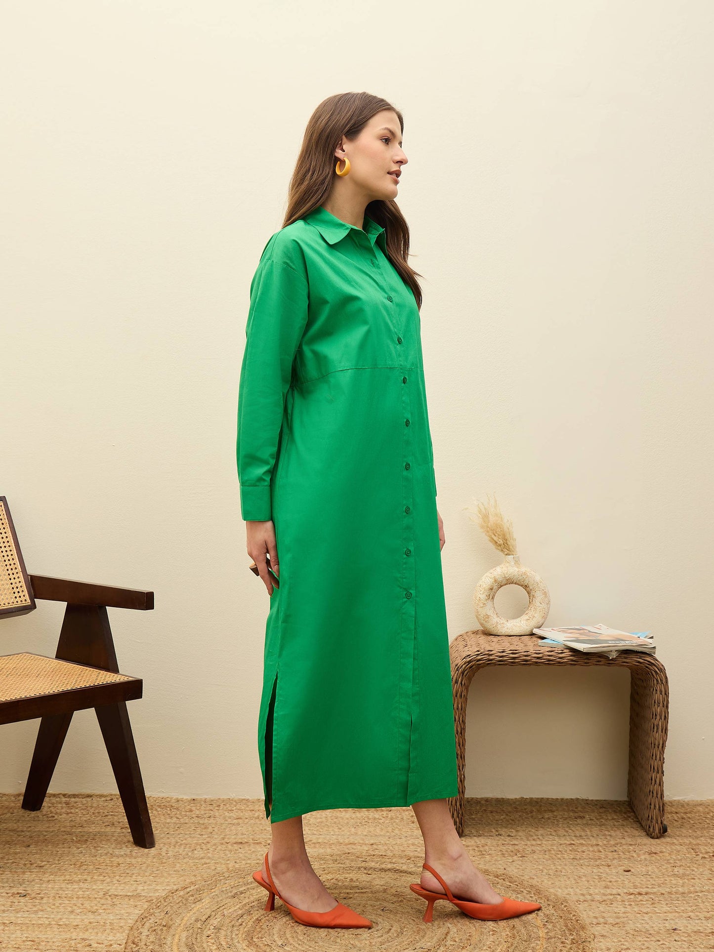 Women Green Poplin Longline Shirt Dress