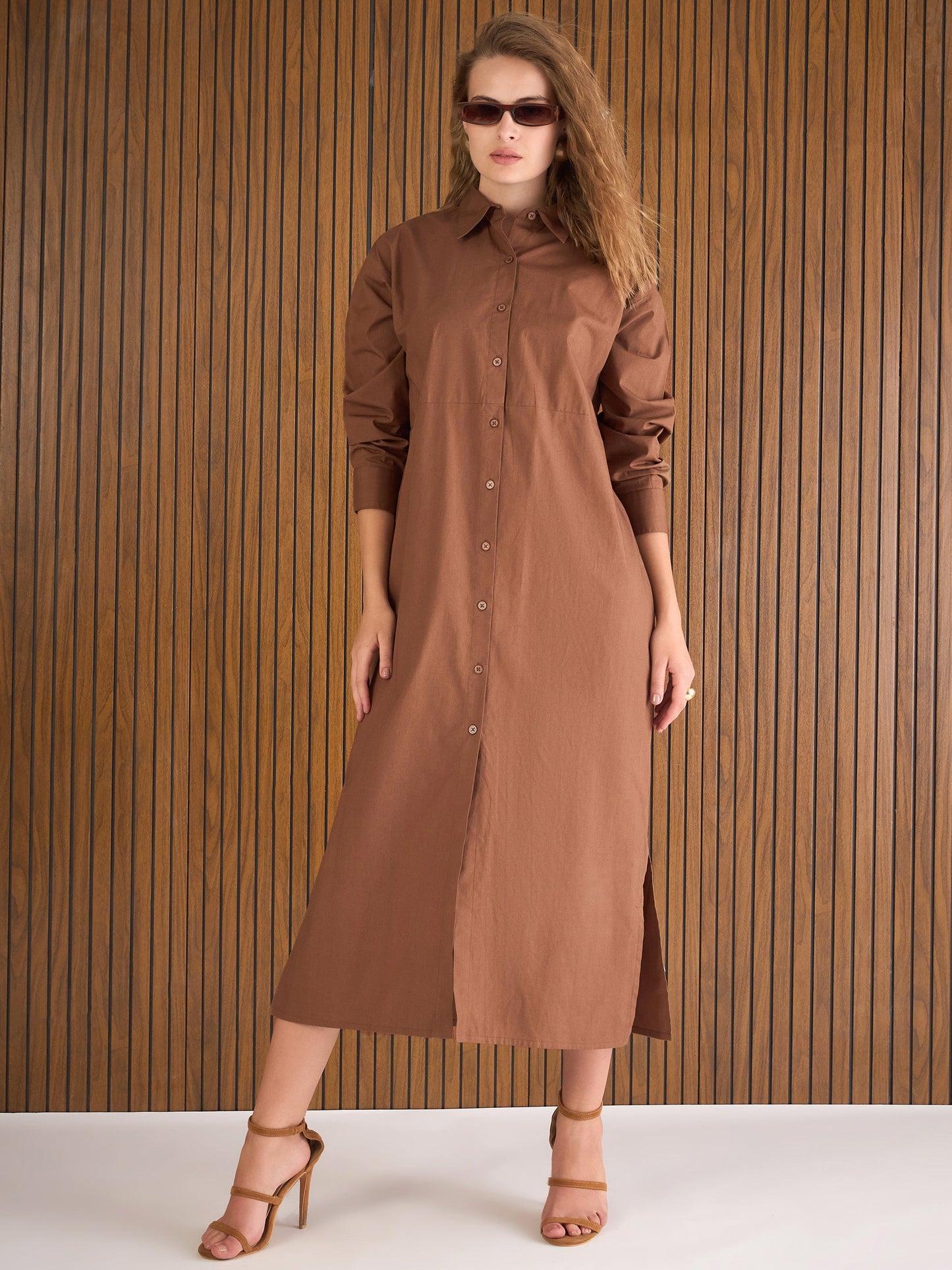 Women Brown Poplin Longline Shirt Dress