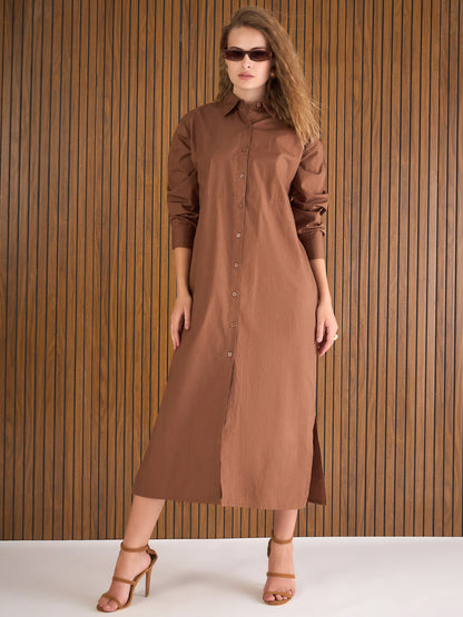 Women Brown Poplin Longline Shirt Dress