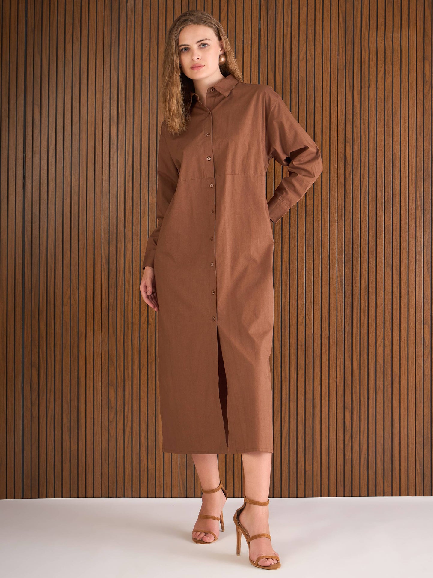 Women Brown Poplin Longline Shirt Dress