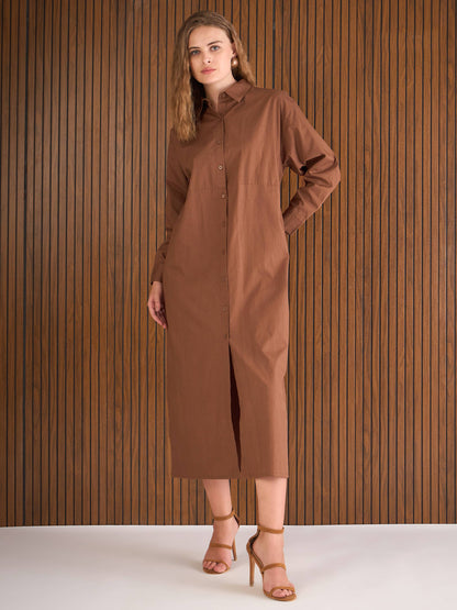 Women Brown Poplin Longline Shirt Dress