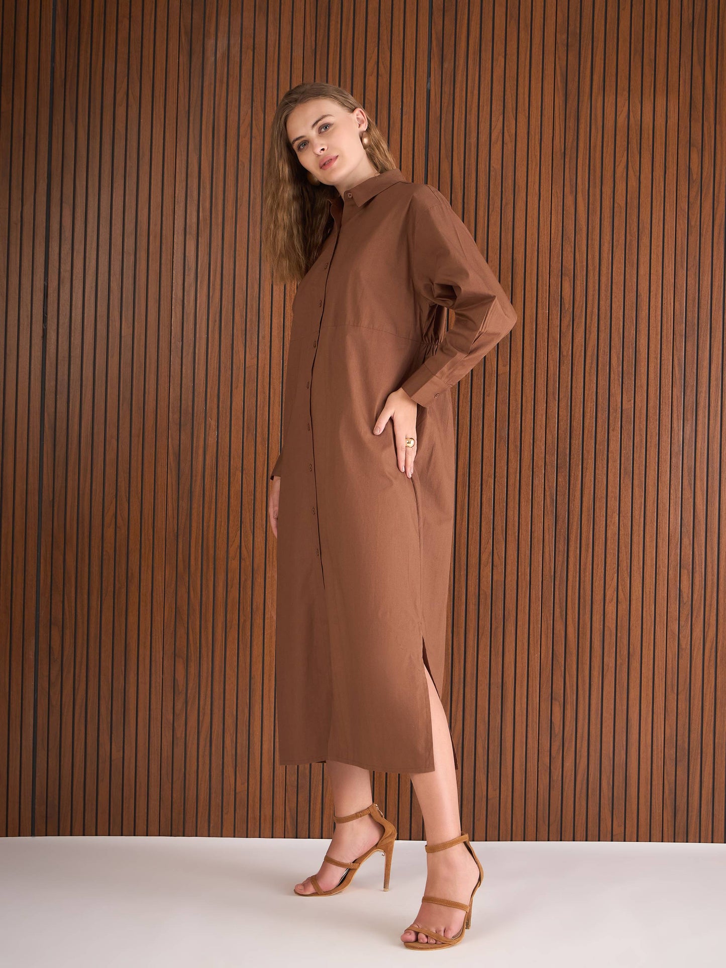 Women Brown Poplin Longline Shirt Dress