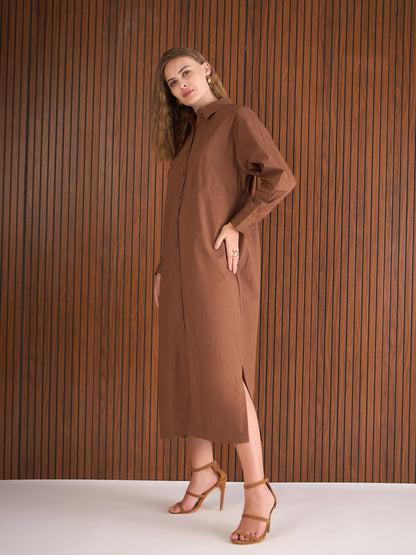 Women Brown Poplin Longline Shirt Dress