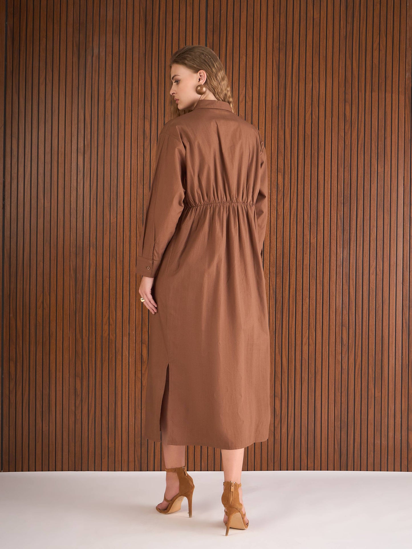Women Brown Poplin Longline Shirt Dress
