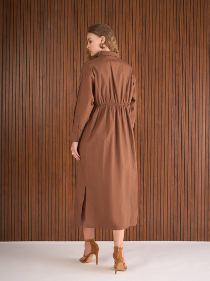 Women Brown Poplin Longline Shirt Dress