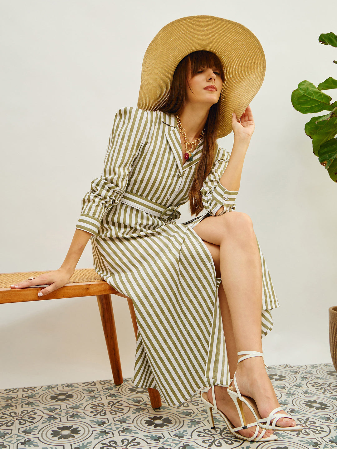 Women Green &amp; White Striped Poplin Belted Shirt Dress