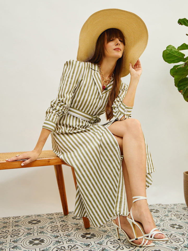 Women Green &amp; White Striped Poplin Belted Shirt Dress