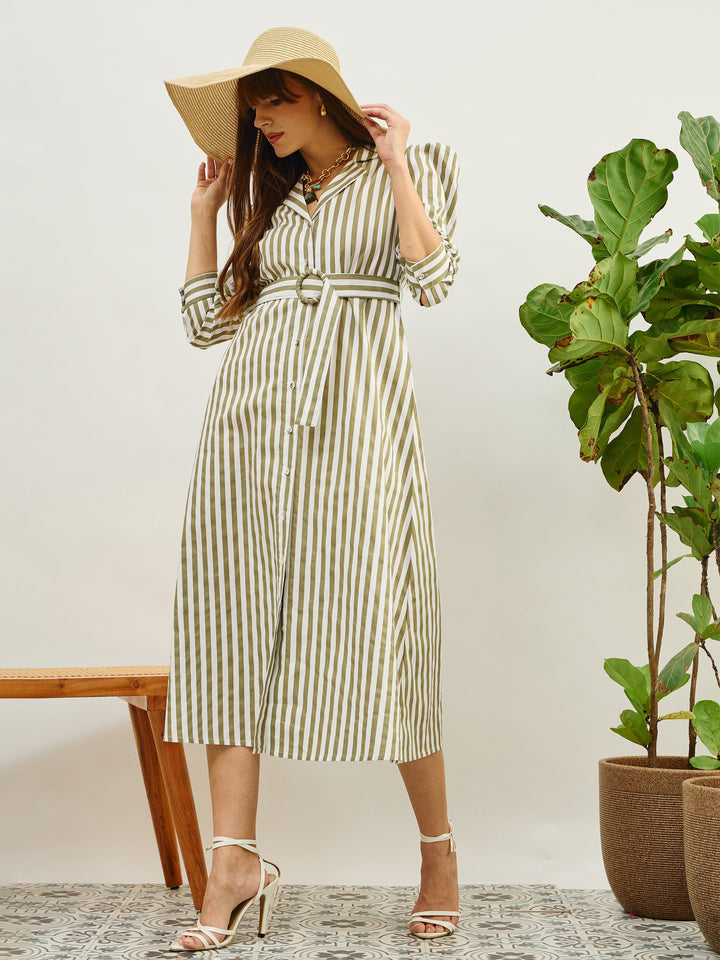 Women Green &amp; White Striped Poplin Belted Shirt Dress