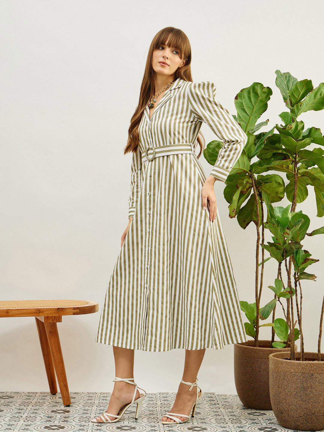 Women Green &amp; White Striped Poplin Belted Shirt Dress