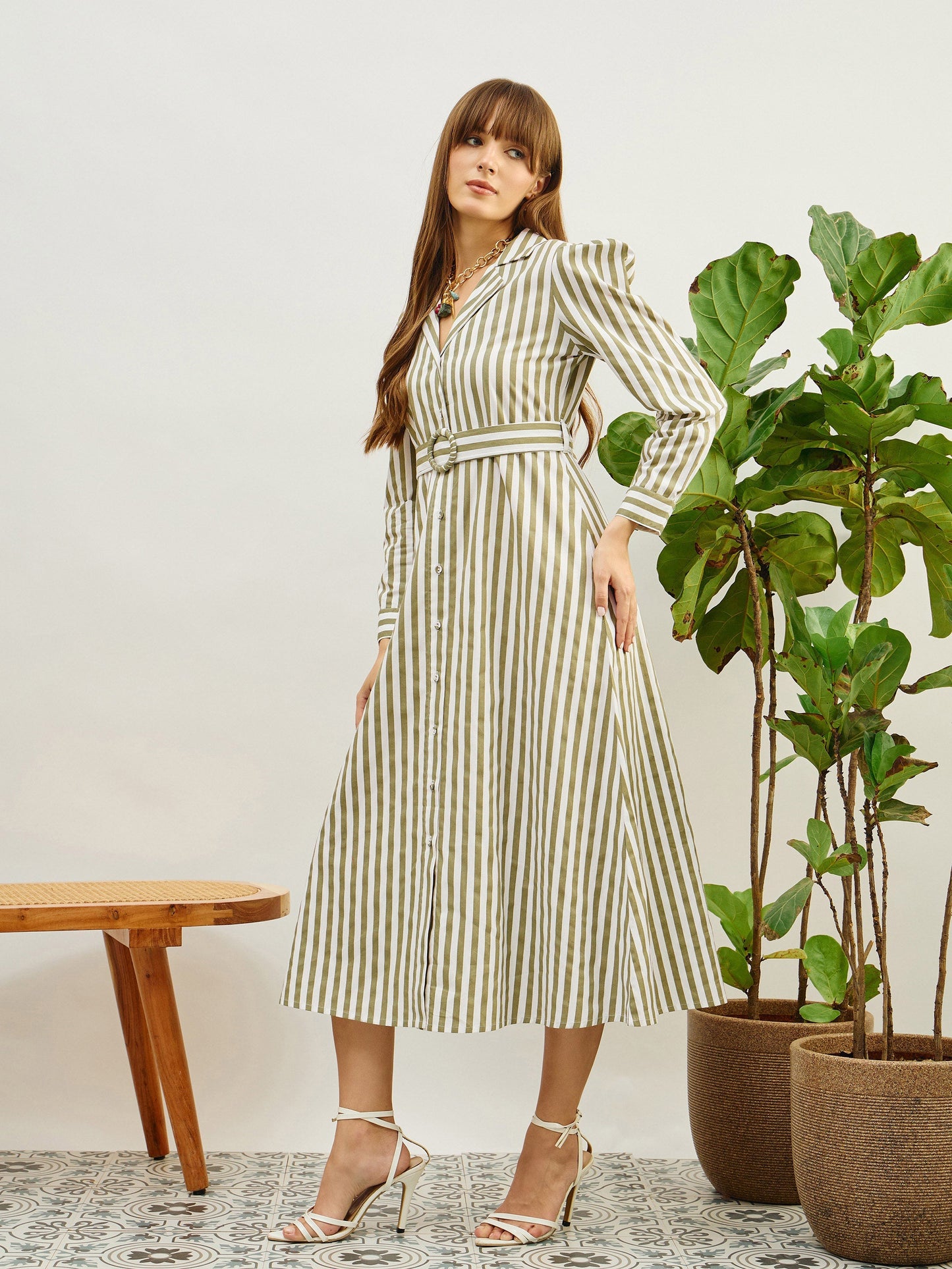 Women Green & White Striped Poplin Belted Shirt Dress