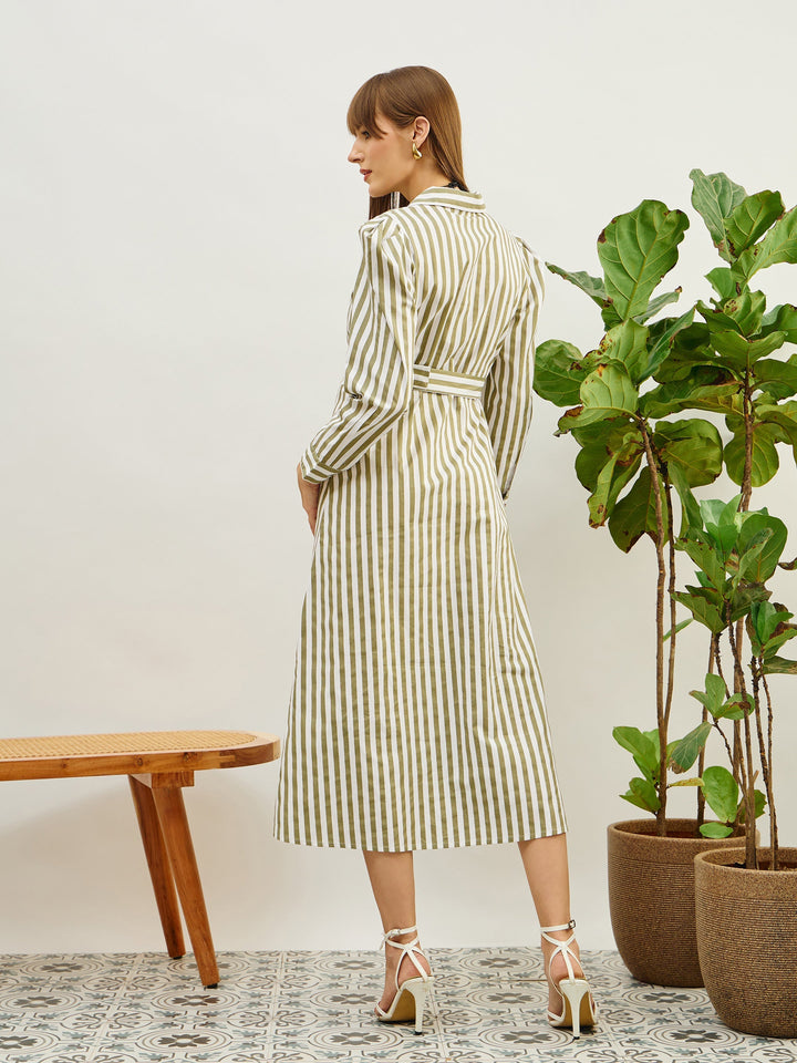 Women Green &amp; White Striped Poplin Belted Shirt Dress