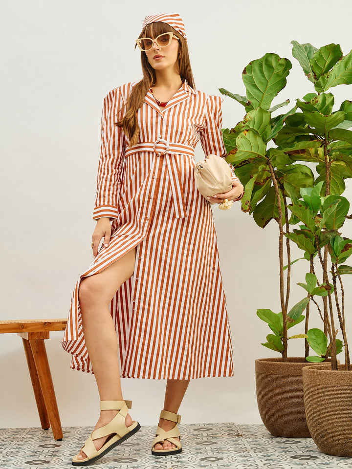 Women Brown &amp; White Striped Poplin Belted Shirt Dress