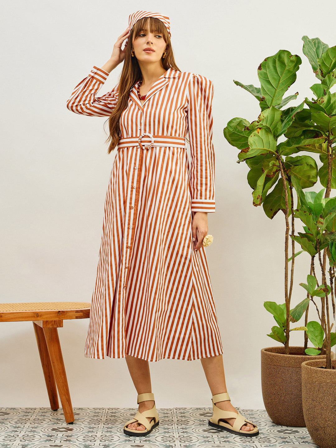 Women Brown &amp; White Striped Poplin Belted Shirt Dress
