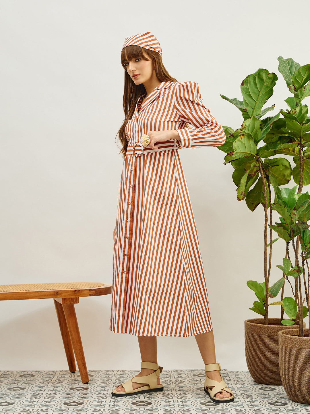 Women Brown &amp; White Striped Poplin Belted Shirt Dress