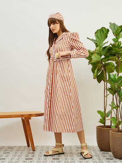 Women Brown & White Striped Poplin Belted Shirt Dress