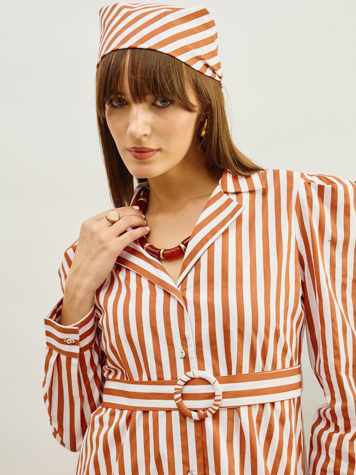 Women Brown &amp; White Striped Poplin Belted Shirt Dress