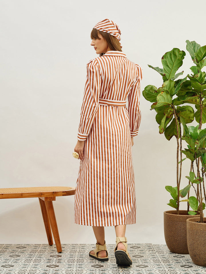 Women Brown &amp; White Striped Poplin Belted Shirt Dress