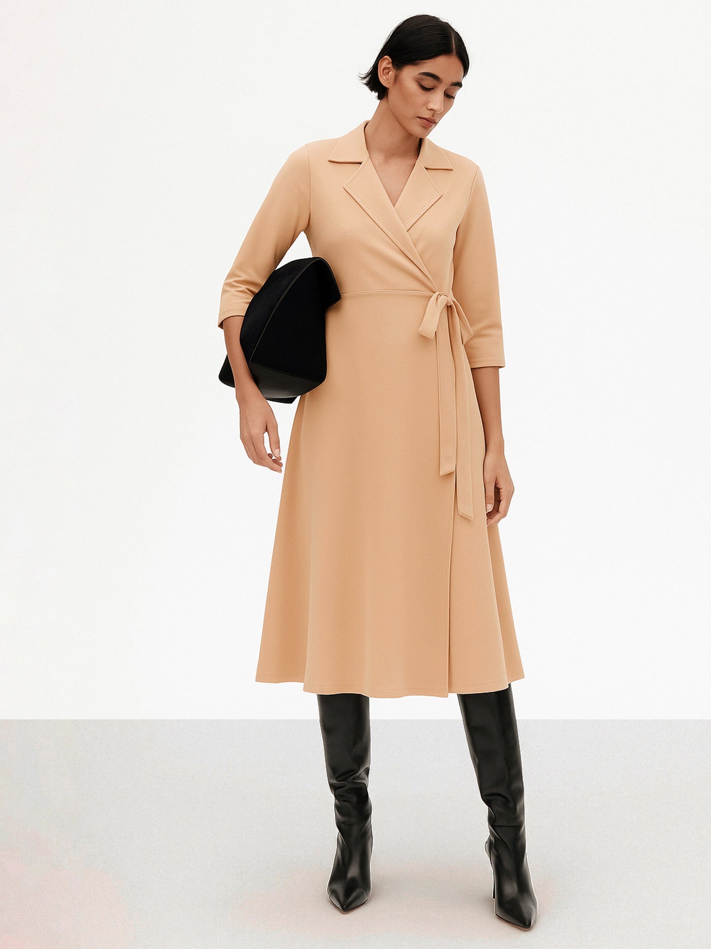 Beige Notch Collar Wrap Midi Dress