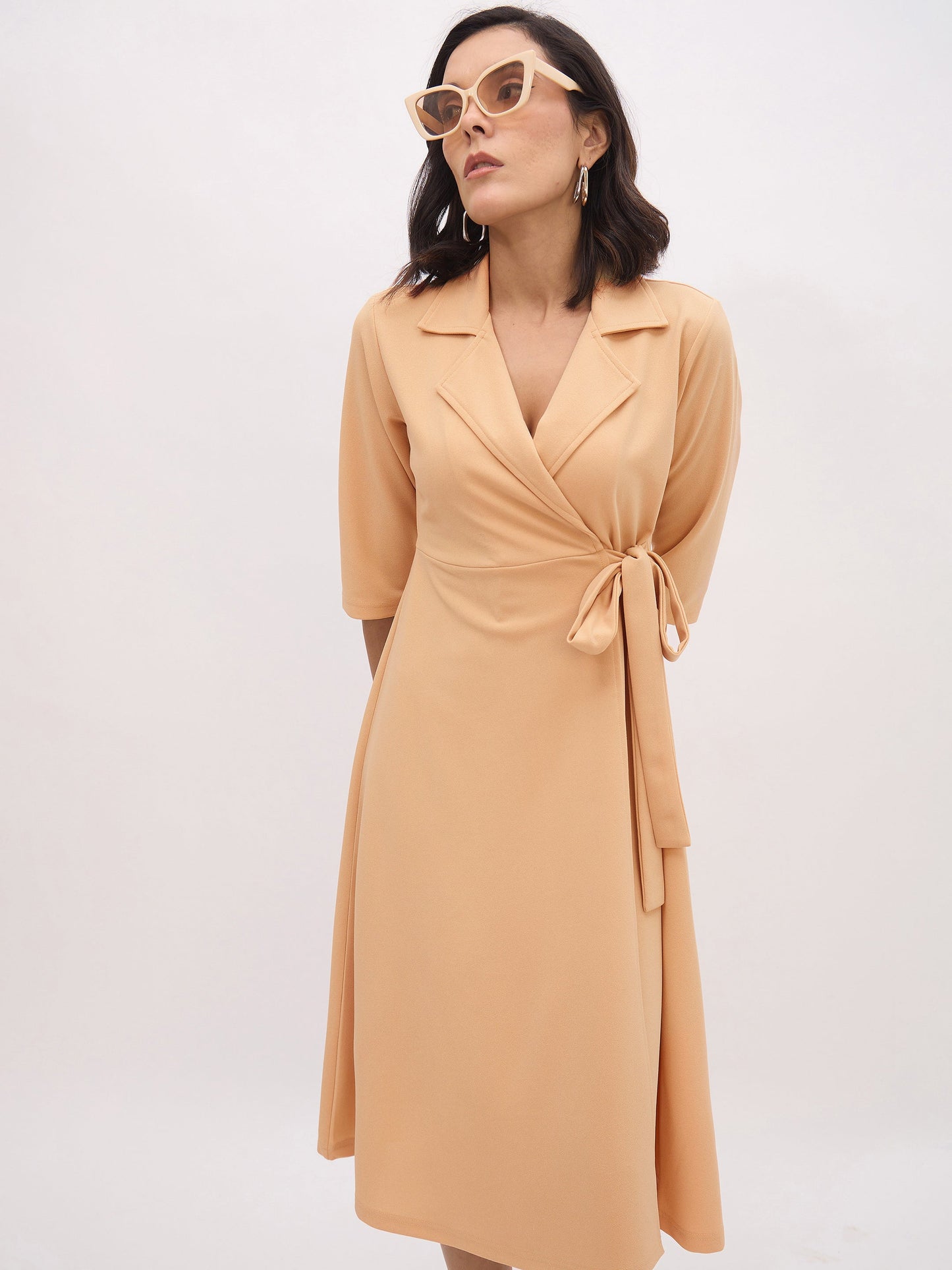 Beige Notch Collar Wrap Midi Dress