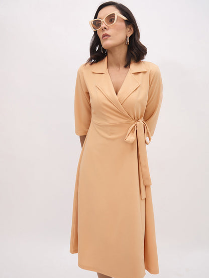 Beige Notch Collar Wrap Midi Dress