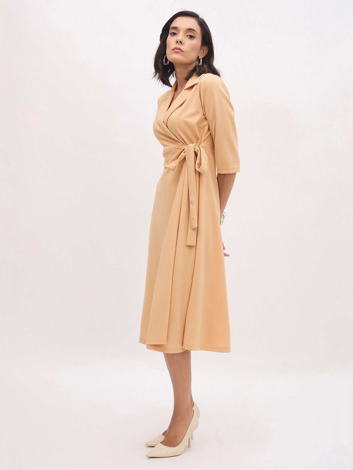 Beige Notch Collar Wrap Midi Dress