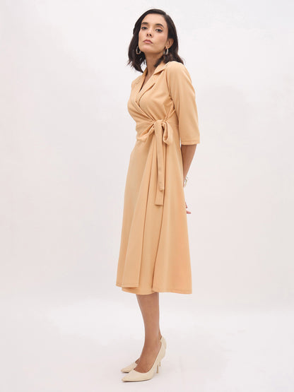 Beige Notch Collar Wrap Midi Dress