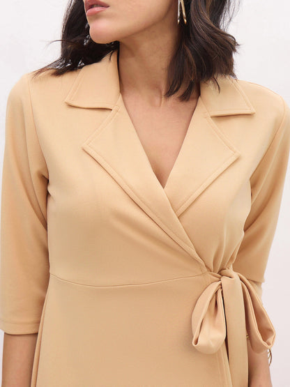 Beige Notch Collar Wrap Midi Dress