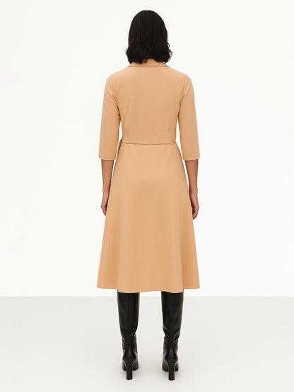Beige Notch Collar Wrap Midi Dress