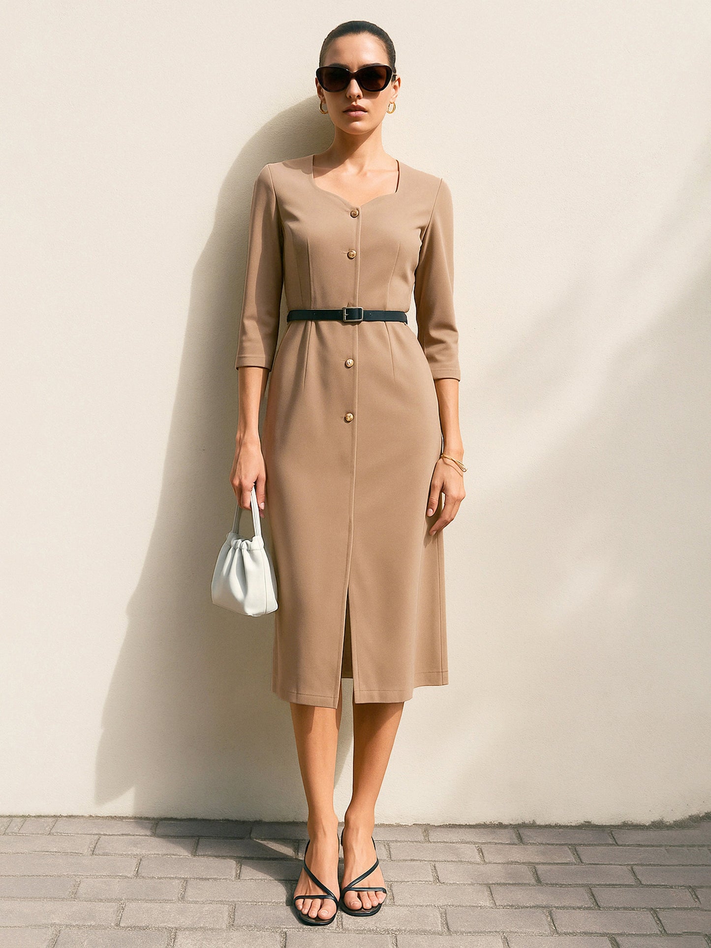 Women Beige Sweetheart Neck Midi Dress With PU Belt