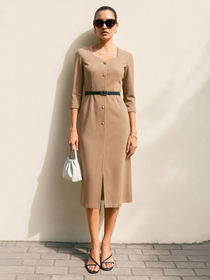 Women Beige Sweetheart Neck Midi Dress With PU Belt