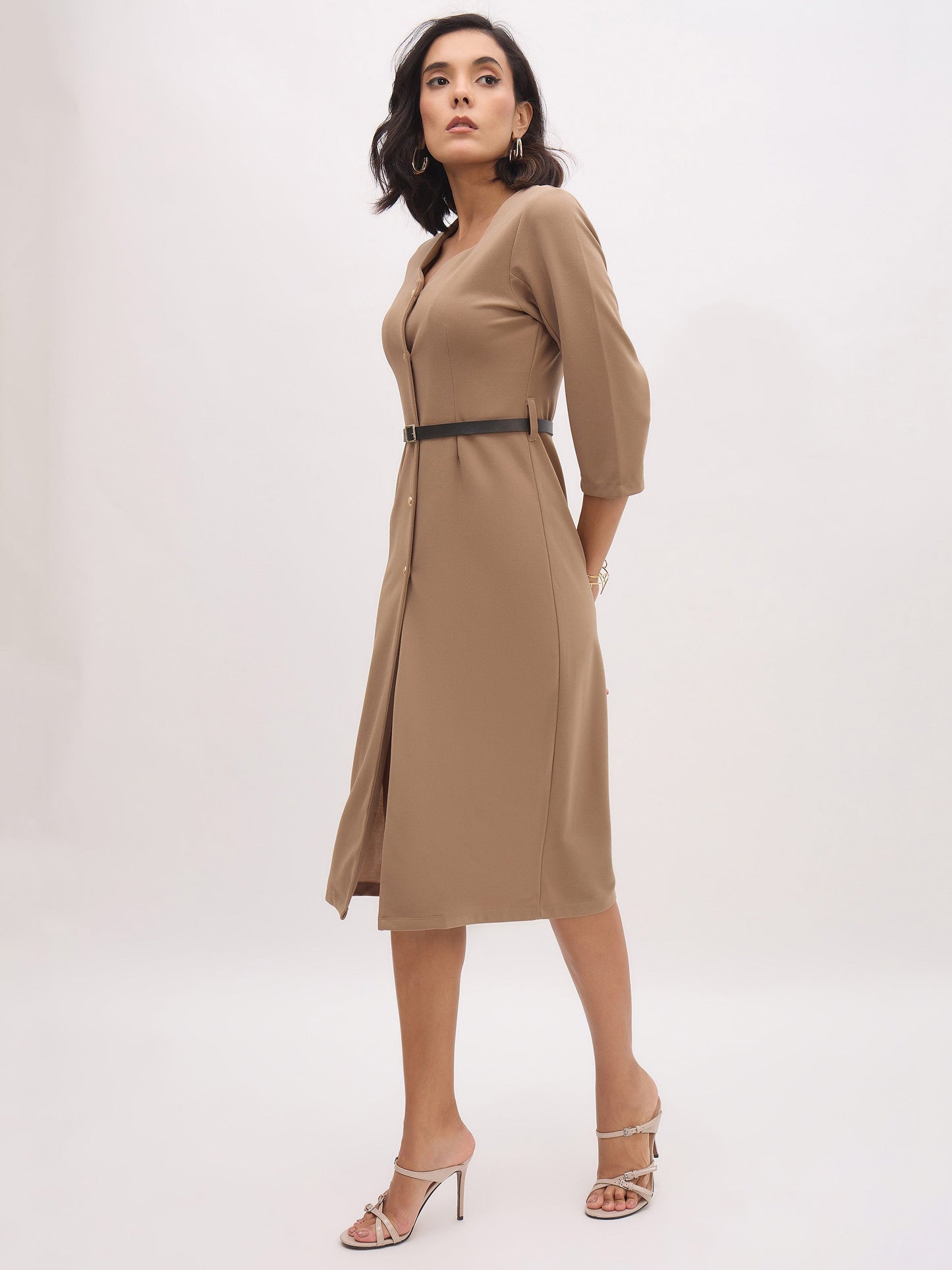 Women Beige Sweetheart Neck Midi Dress With PU Belt