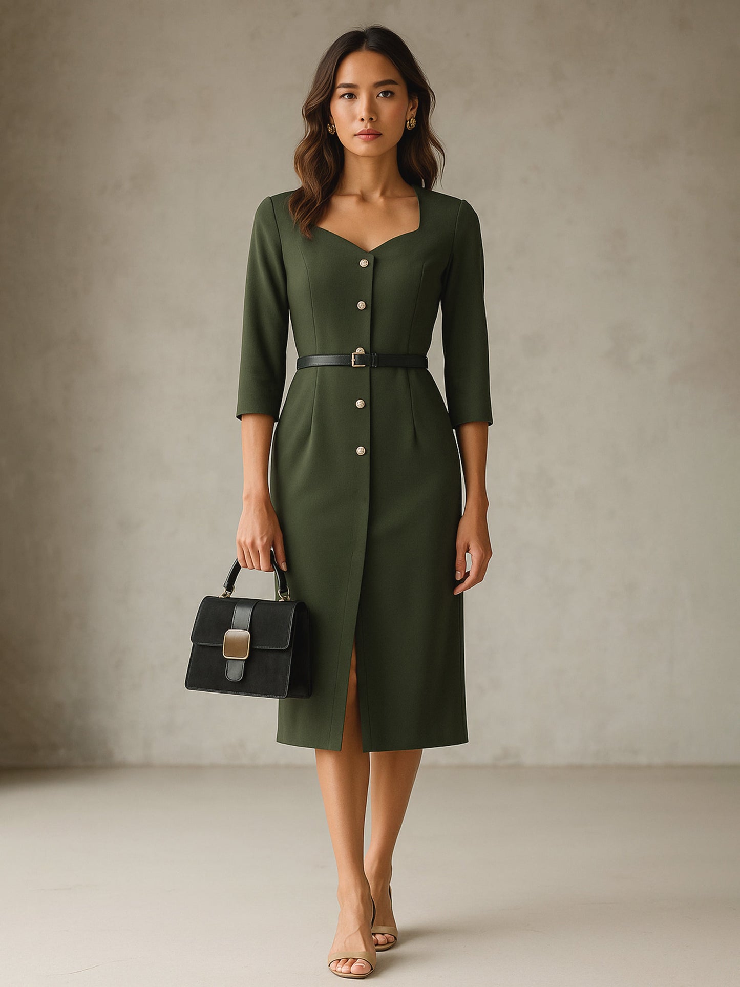 Olive Sweetheart Neck Midi Dress With PU Belt