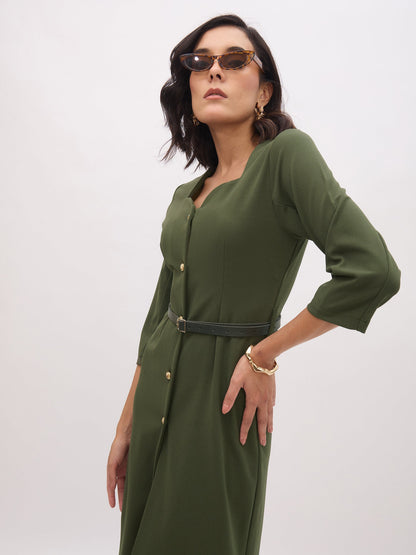 Olive Sweetheart Neck Midi Dress With PU Belt