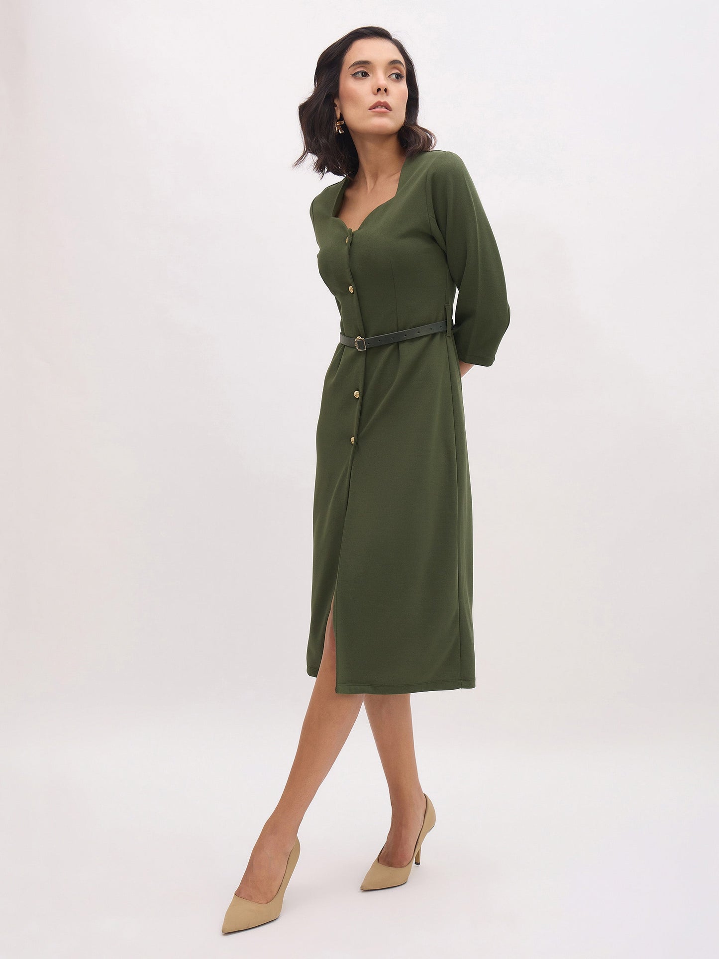 Olive Sweetheart Neck Midi Dress With PU Belt