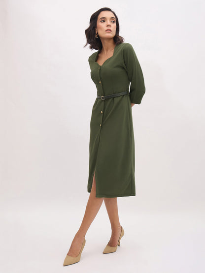 Olive Sweetheart Neck Midi Dress With PU Belt