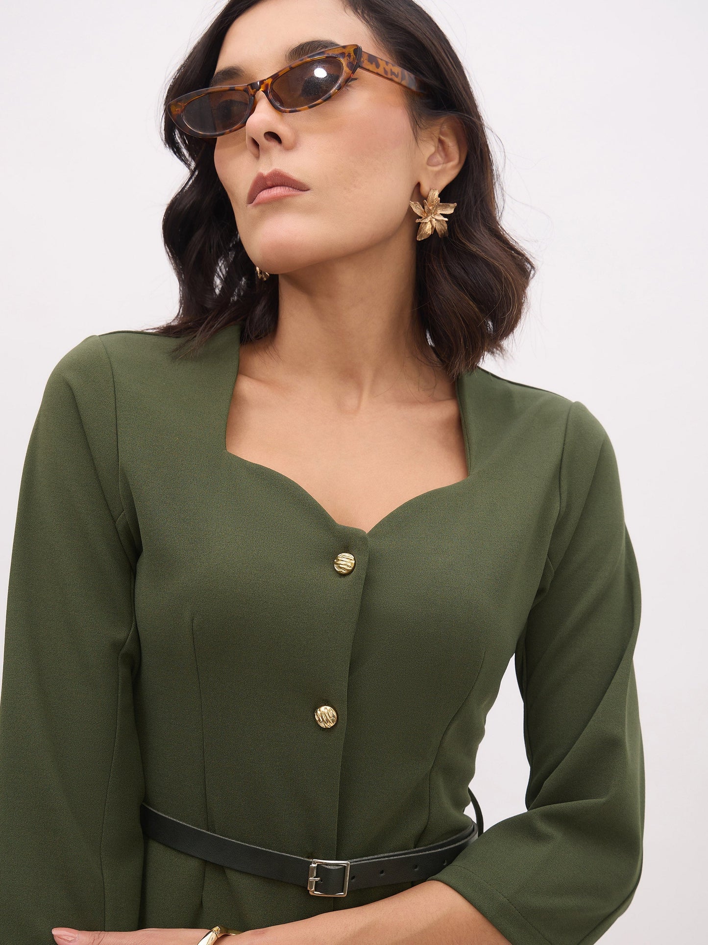 Olive Sweetheart Neck Midi Dress With PU Belt