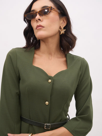 Olive Sweetheart Neck Midi Dress With PU Belt