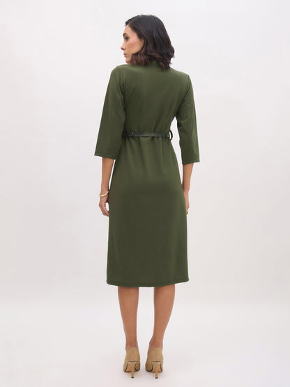 Olive Sweetheart Neck Midi Dress With PU Belt
