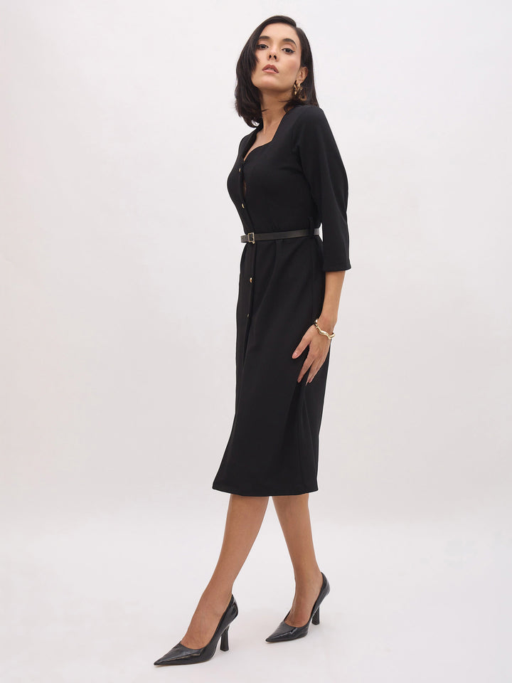 Women Black Sweetheart Neck Midi Dress With PU Belt