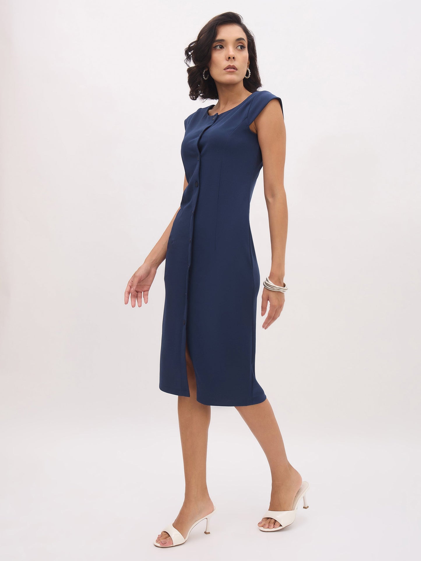 Blue Round Neck Button Midi Dress