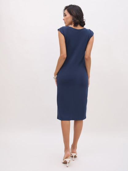 Blue Round Neck Button Midi Dress