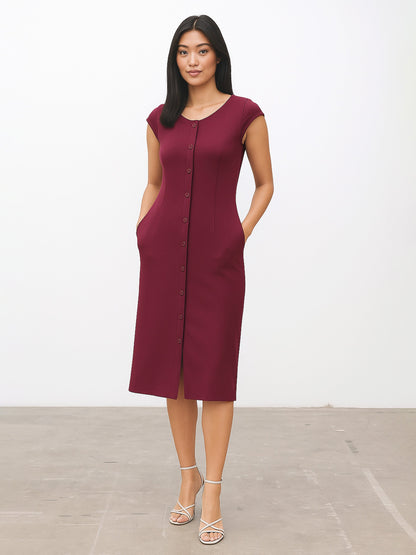 Burgundy Round Neck Button Midi Dress