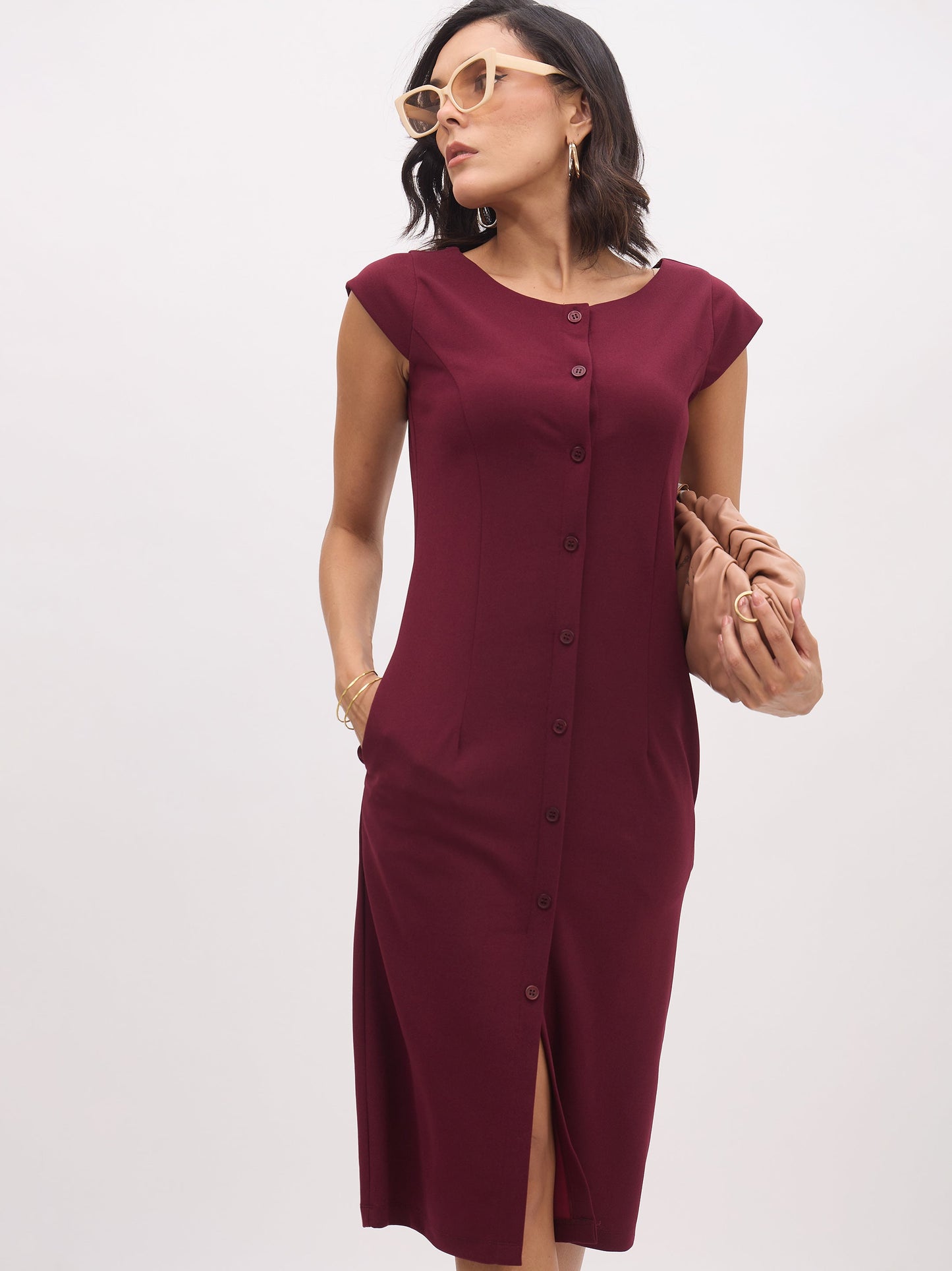 Burgundy Round Neck Button Midi Dress