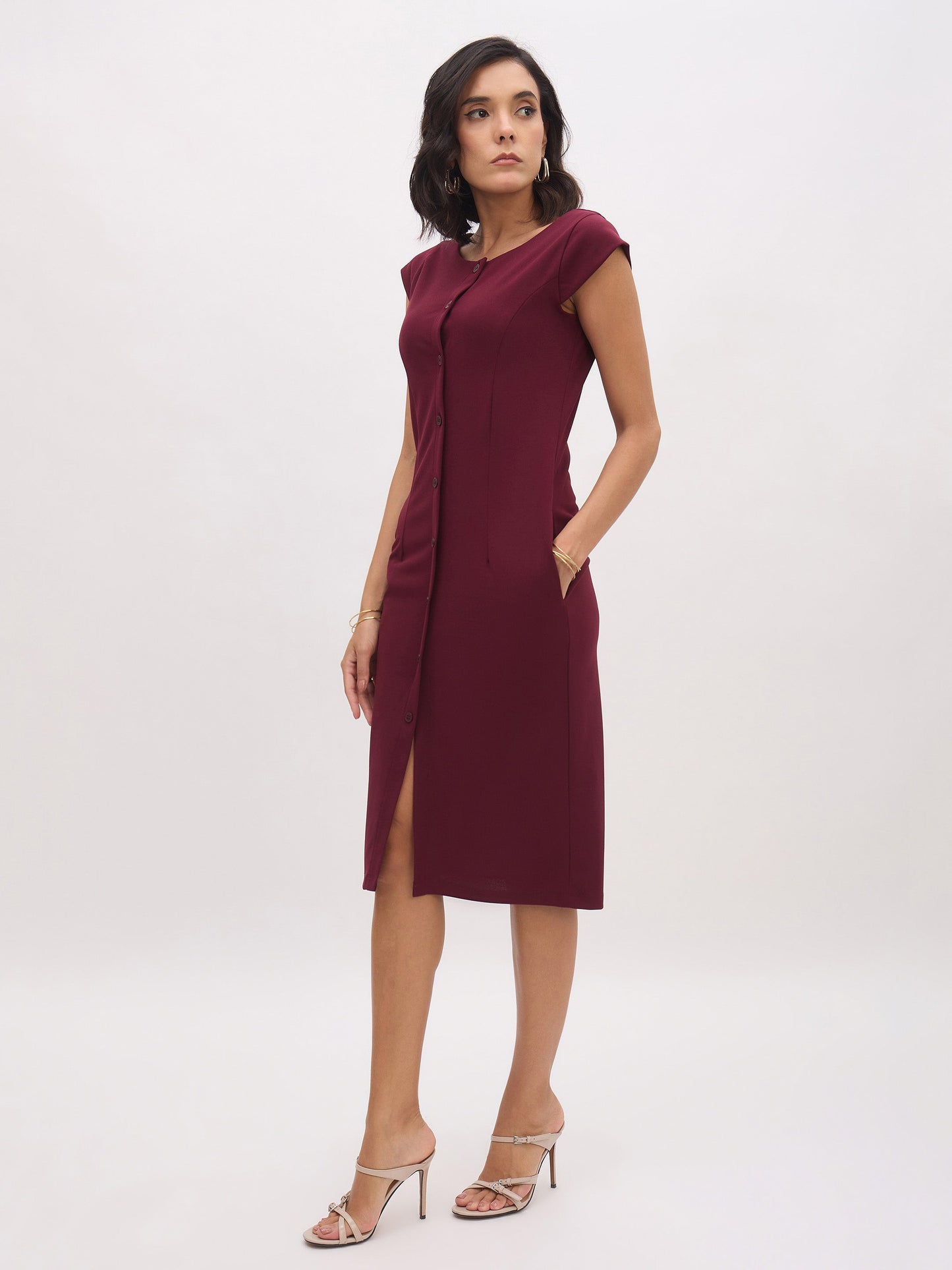 Burgundy Round Neck Button Midi Dress
