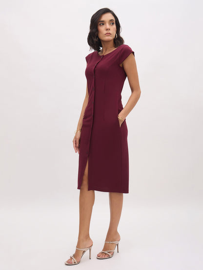 Burgundy Round Neck Button Midi Dress