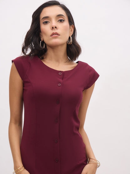 Burgundy Round Neck Button Midi Dress