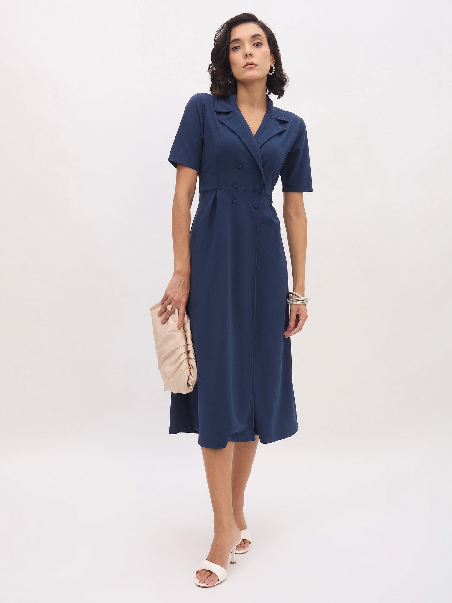 Women Blue Notch Collar Button Midi Dress
